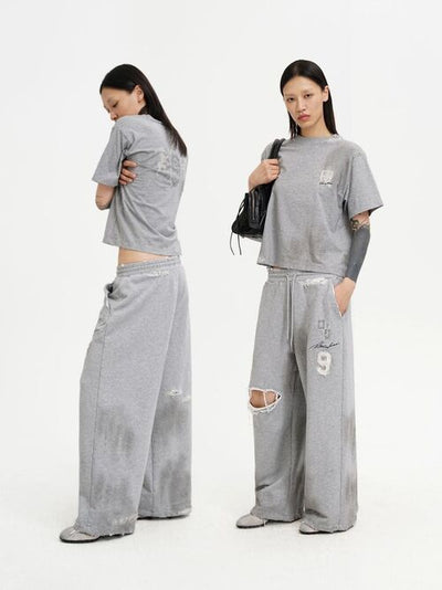 [MASONPRINCE] Distressed Patch Straight Leg Sweatpants