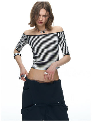 [NECY] Mono Stripe Lace Trimming Half T