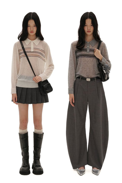 [moromoro2] Striped Polo Knit Top