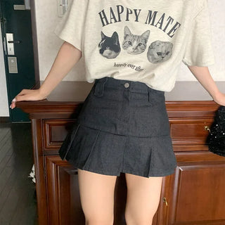 Pleated denim mini skirt