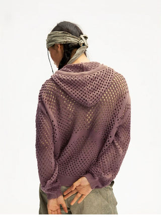 [Monterest] Spiral Mesh Washed Hooded Knit Cardigan