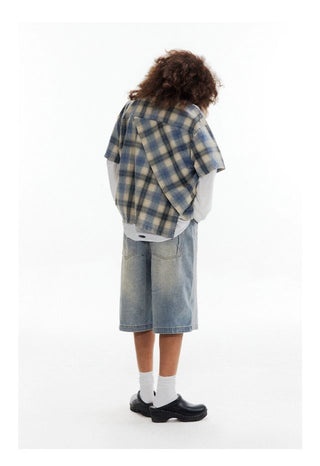 CONP Asymmetric bias-cut plaid shirt (blue)