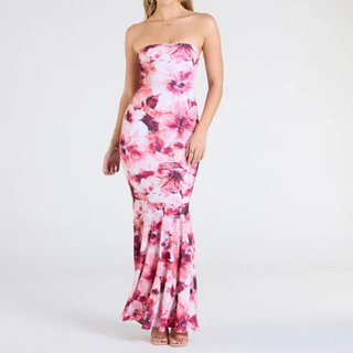 Flower print ruched ruffle tube maxi dress