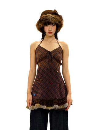 [Moromoro2] Star Polka Dot Mesh Fur Trim Cami  Dress