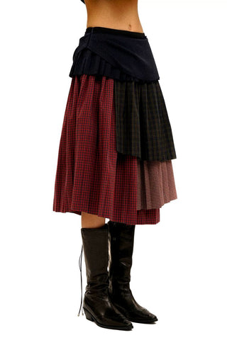 [Moromoro2] Layered Plaid Patchwork Midi  Skirt
