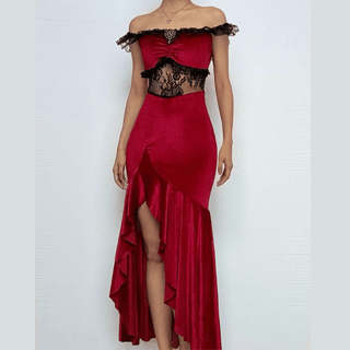 Off shoulder lace hem slit velvet metal applique ruched maxi dress
