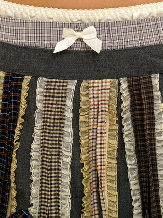[Moromoro2] Lace Trim Plaid Patchwork Pleated  Skirt