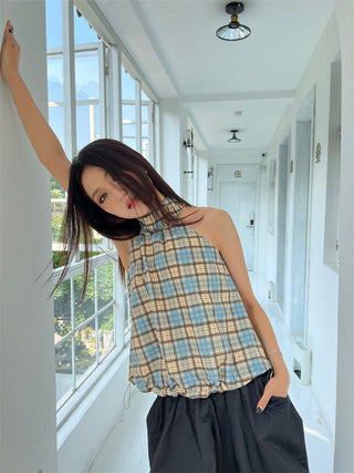 plaid drawstring Top