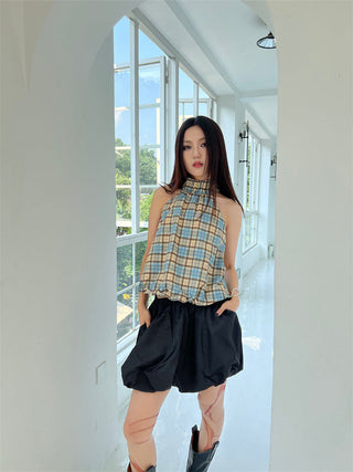 plaid drawstring Top