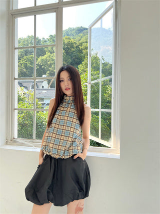 plaid drawstring Top