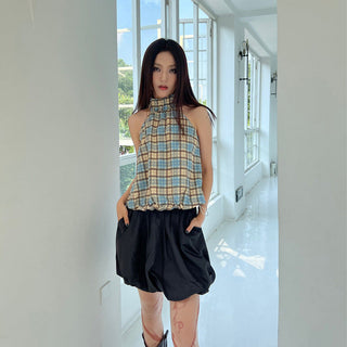 plaid drawstring Top