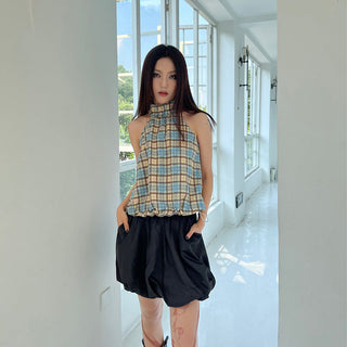 plaid drawstring Top