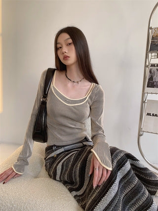 striped square-neck Top