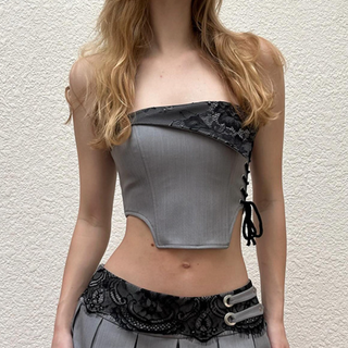 Lace up lace patchwork tube top