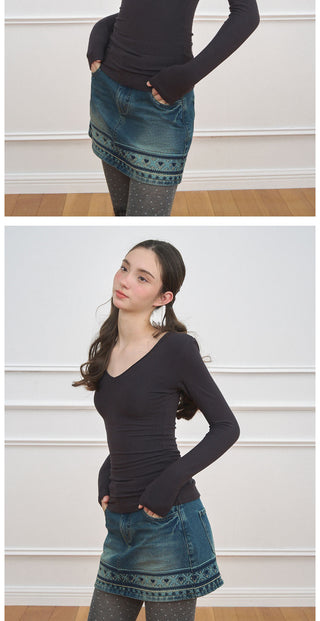 [NECY] Fair Isle Denim Mini Skirt