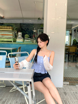 Shirred check sleeveless blouse