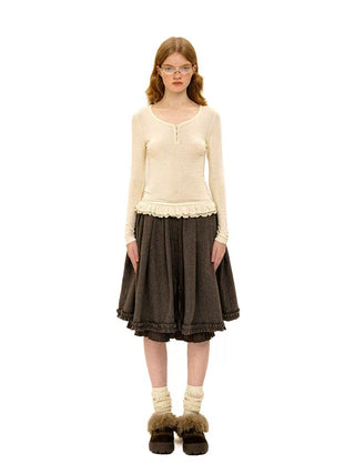 [Moromoro2] Wool Blend Check Layered Ruffle  Skirt