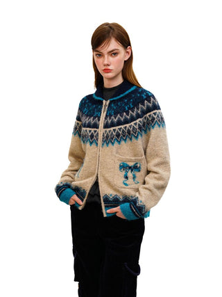 [Moromoro2] Fair Isle Bow Pocket Retro Collar  Cardigan