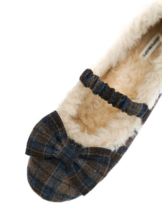[Moromoro2] Plaid Bow Fur-Lined Ballet  Flats