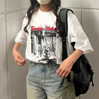 Loose-fitting photo print short-sleeved T-shirt