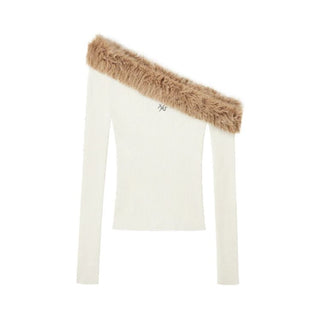 [NOTAWEAR] Fur Trim Off-Shoulder Knit Top