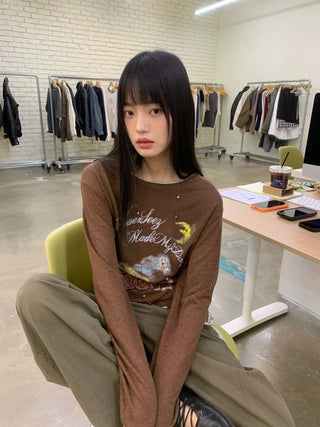 [NEVERSEEZ] Linen Blend Layered Neckline Long Sleeve Tee