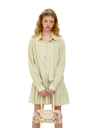 [Moromoro2] Crinkle Tie-Neck Pleated Shirt  Dress