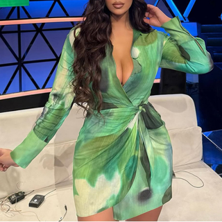 Long sleeve irregular print contrast mini dress