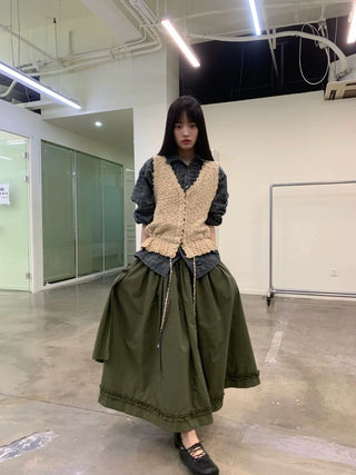 [NEVERSEEZ] Asymmetric Pocket A-Line Pleated Skirt