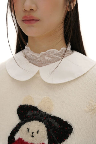 [Moromoro2] Rabbit Embroidered Fair Isle Knit  Sweater