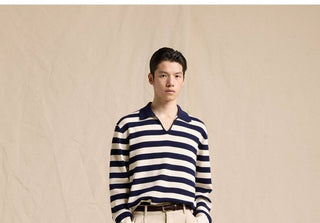 [CULTUM] Cotton Striped Open Collar Knit Sweater