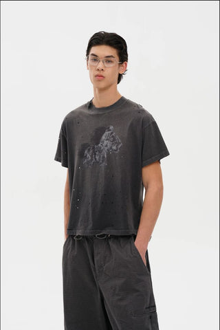 [MASONPRINCE] Hemp Blend Distressed Horse Print Tee