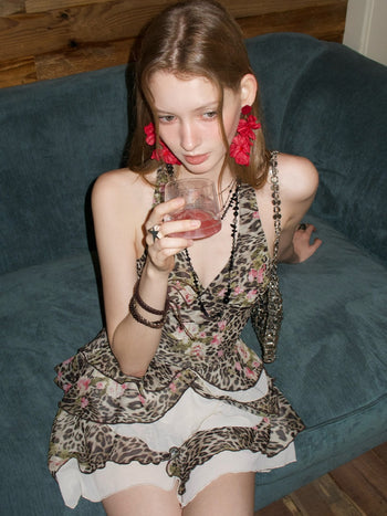 [NECY] Blooming Leopard Halterneck Ruffle Dress