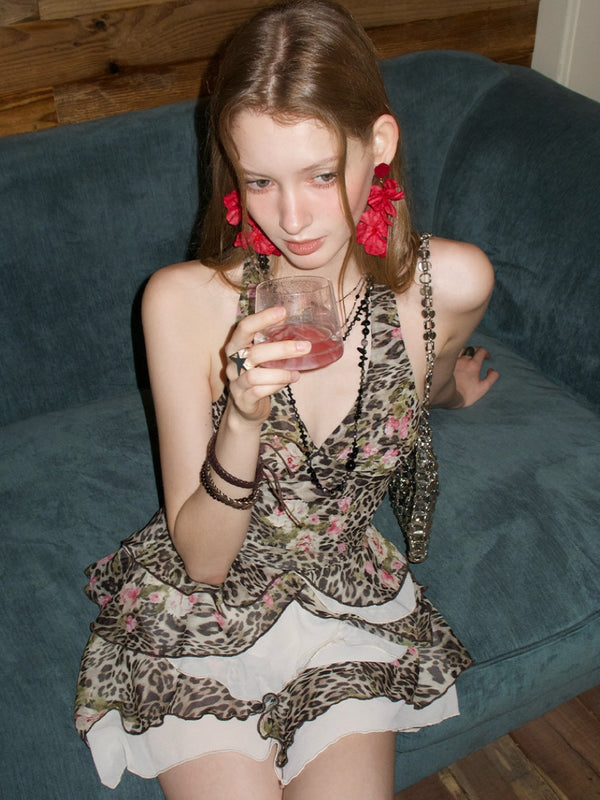 [NECY] Blooming Leopard Halterneck Ruffle Dress