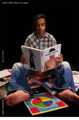 CONP Asymmetric bias-cut plaid shirt (blue)