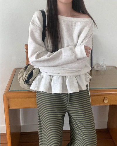 (3 colors) Brushed Frill Off-Shoulder Sweatshirt