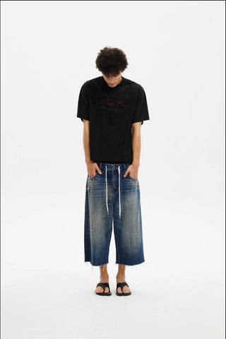 [MASONPRINCE] Studded Script Embroidery Wide Jeans