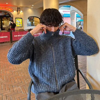 Cable knit zip-up cardigan