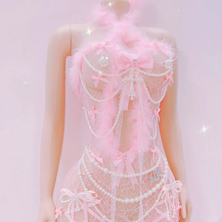 Bowknot feather hollow out ribbon jumpsuit
