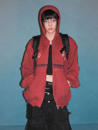 [MASONPRINCE] Distressed Boxy Hooded Knit Cardigan