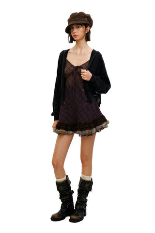 [Moromoro2] Star Polka Dot Mesh Fur Trim Cami  Dress