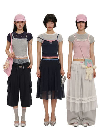 [Moromoro2] Layered Cami Rhinestone Bow Satin  Top