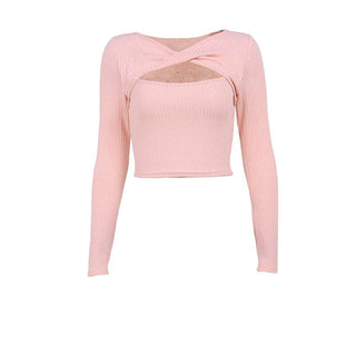 Long sleeve knitted hollow out ribbed cross front crop cut out top