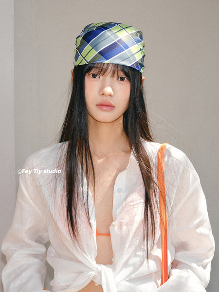 blue plaid headscarf