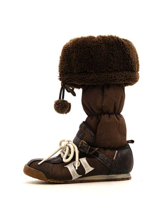 [Moromoro2] Furry Ball Patchwork Leather Boxing  Boots