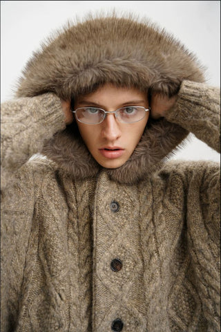 [MASONPRINCE] Cable Knit Fur Collar Wool Blend Cardigan
