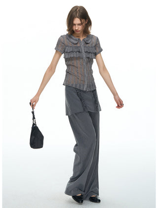[NECY] Purple Grey Ruffle Plaid Shirt