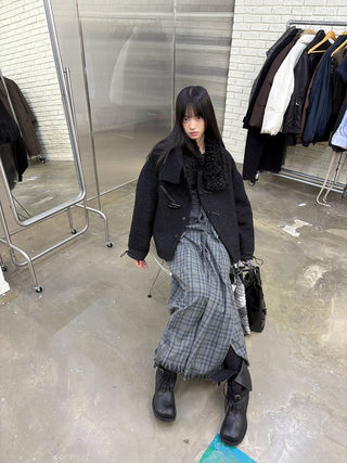 [NeverSeez] Pleated Plaid Skirt with Removable Waist Detail