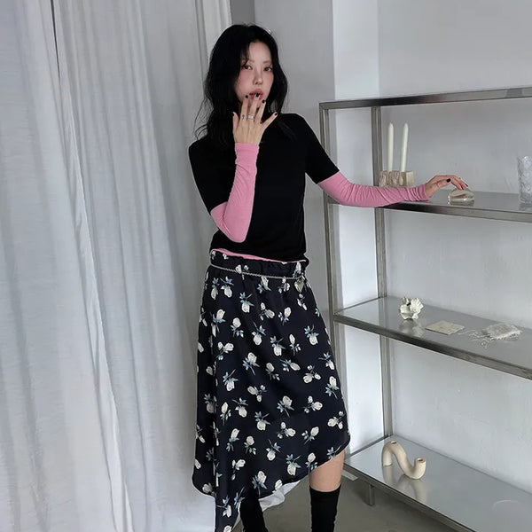 (2 colors) Floral print asymmetrical skirt