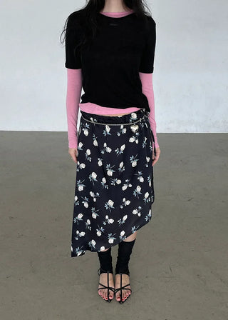 (2 colors) Floral print asymmetrical skirt
